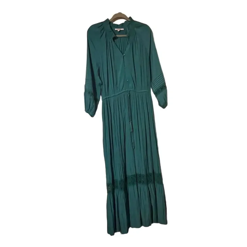 Chicos Maxi Dress 12 Green Bohemian Flowy Waist Tiered Lace - Picture 3 of 9